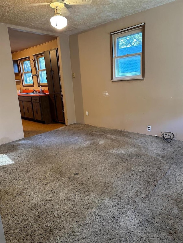 carpeted empty room featuring a textured ceiling