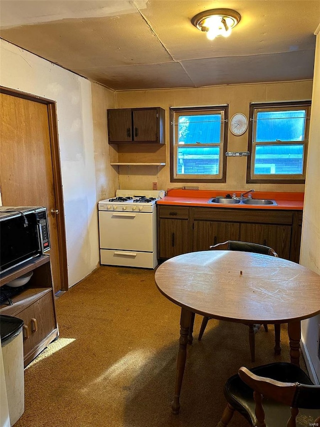 kitchen with white gas range, sink, and carpet