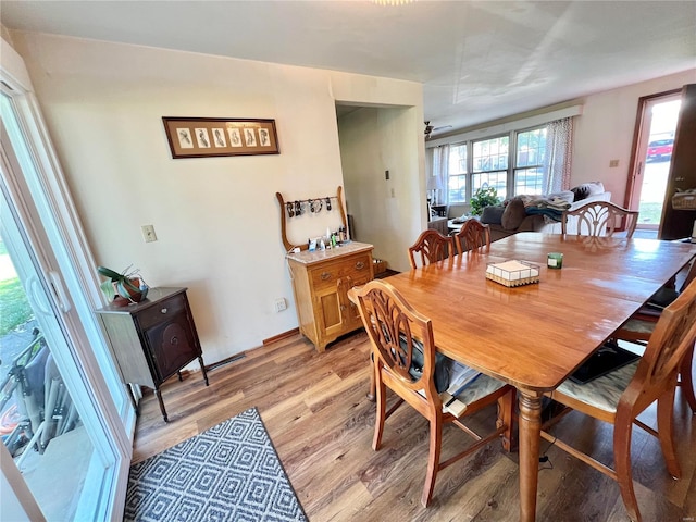 dining room with ceiling fan and light wood-type flooring