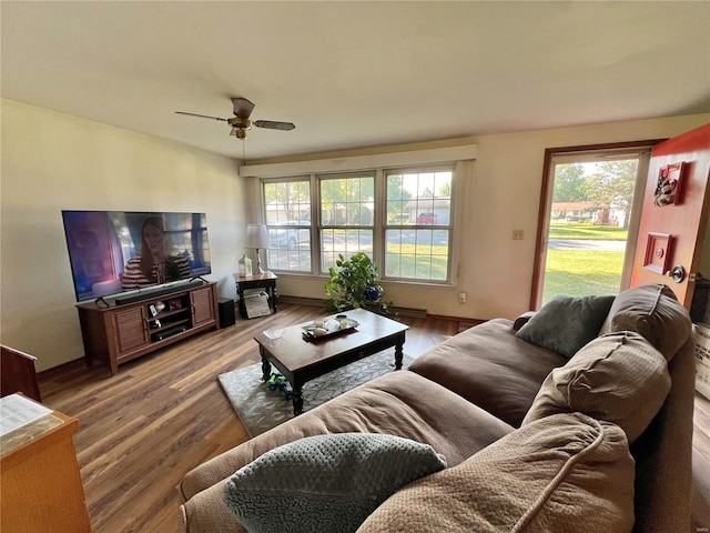 living room with ceiling fan and wood-type flooring