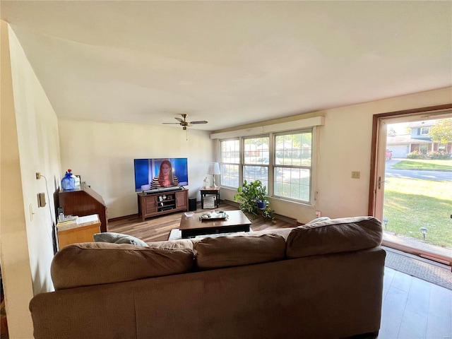 living room featuring wood-type flooring and ceiling fan