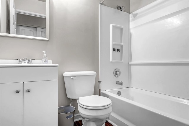 full bathroom with toilet, bathtub / shower combination, and vanity