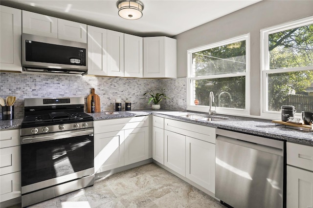 kitchen featuring a healthy amount of sunlight, stainless steel appliances, and white cabinetry