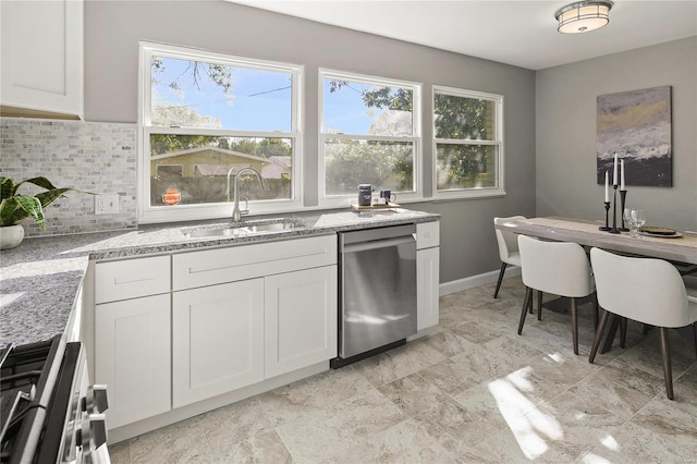 kitchen with white cabinetry, decorative backsplash, dishwasher, and sink