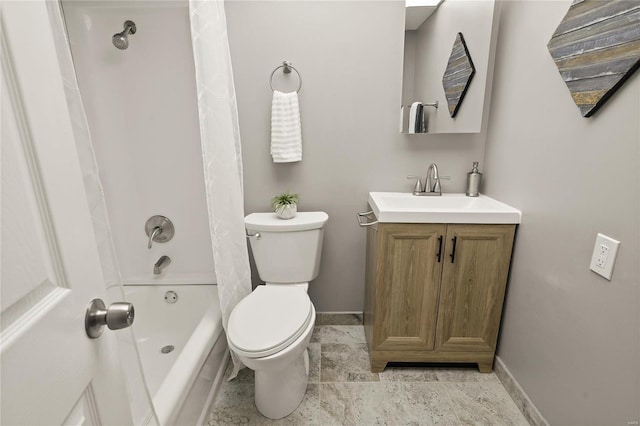 full bathroom with toilet, vanity, and shower / bath combination with curtain