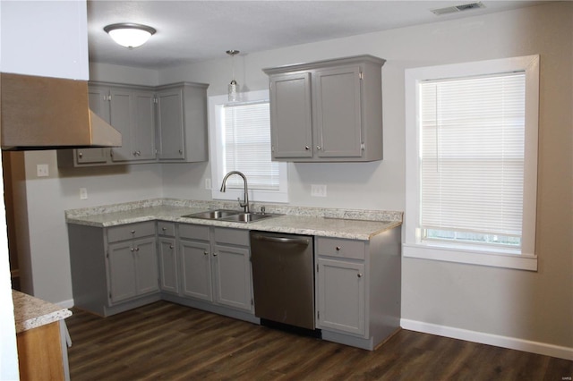 kitchen with sink, decorative light fixtures, dishwasher, gray cabinets, and dark hardwood / wood-style flooring