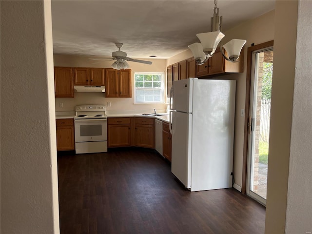 kitchen featuring ceiling fan, pendant lighting, sink, white appliances, and dark hardwood / wood-style floors