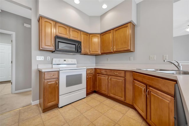 kitchen with ceiling fan, sink, white electric stove, and stainless steel dishwasher