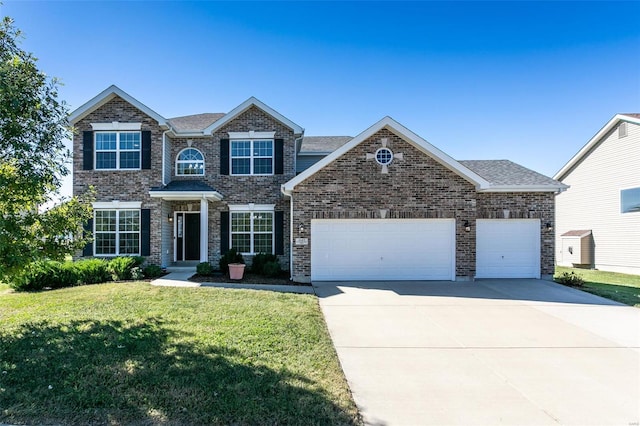 view of front of property with a front yard and a garage