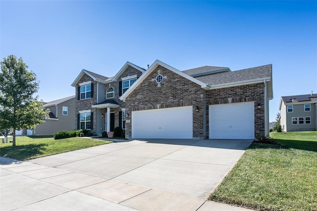 view of front of house with a front yard and a garage