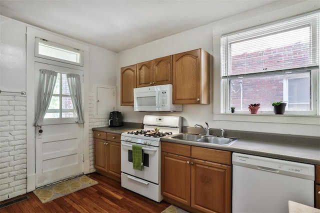 kitchen featuring sink, dark wood-type flooring, plenty of natural light, and white appliances