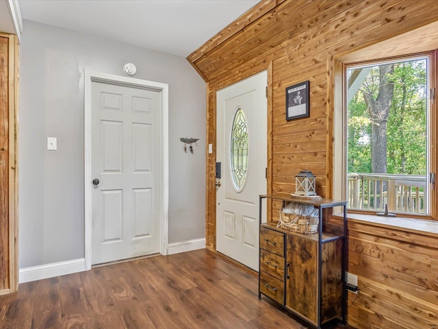 entryway with wooden walls and dark hardwood / wood-style flooring