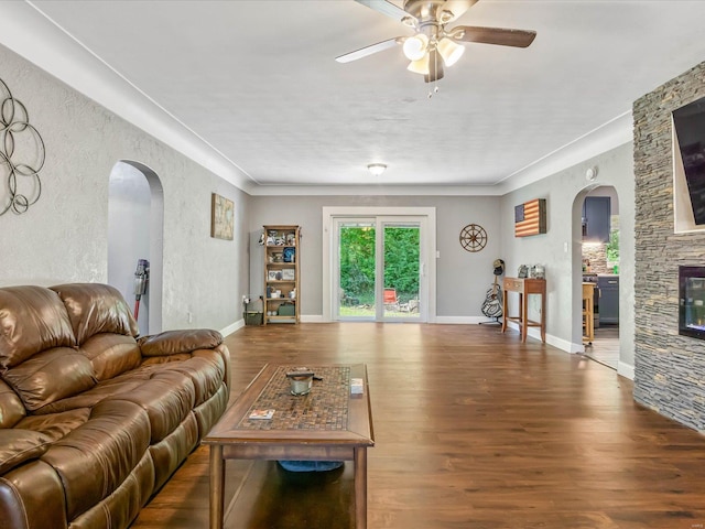 living room with ceiling fan and hardwood / wood-style floors