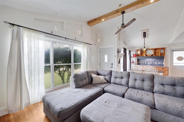 living room featuring ceiling fan, lofted ceiling with beams, light wood-type flooring, and a healthy amount of sunlight