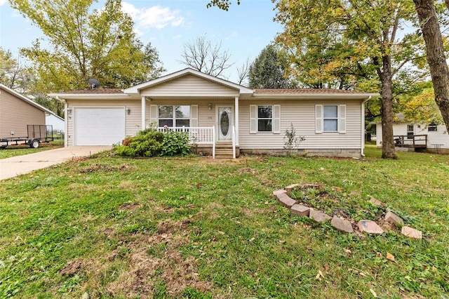 ranch-style home featuring a porch, a front lawn, and a garage