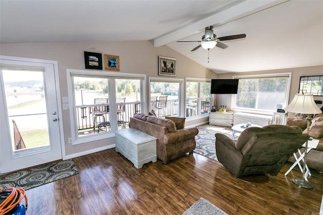 living room with vaulted ceiling with beams, plenty of natural light, dark hardwood / wood-style flooring, and ceiling fan