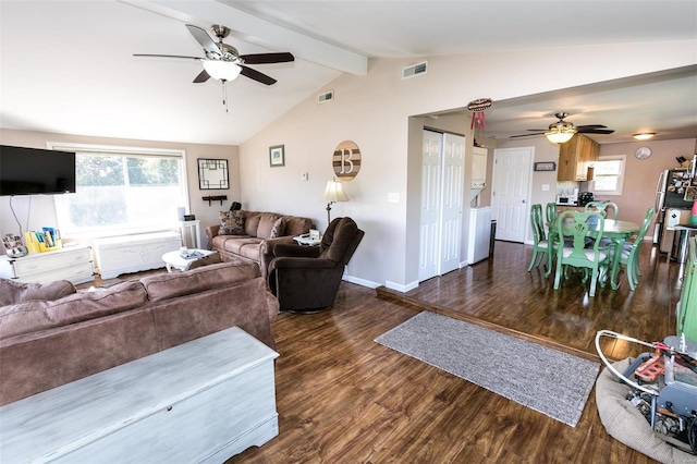 living room with lofted ceiling with beams, ceiling fan, and dark hardwood / wood-style floors