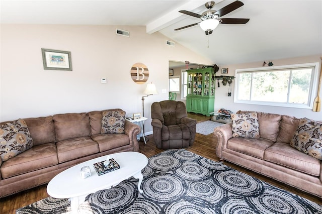 living room featuring ceiling fan, vaulted ceiling with beams, and hardwood / wood-style floors