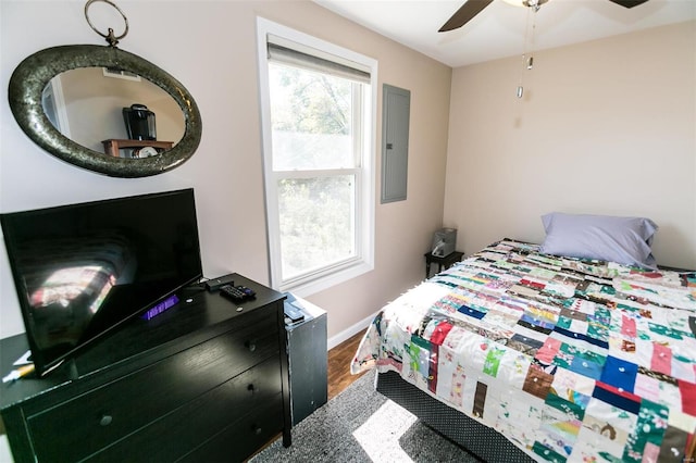 bedroom featuring electric panel, dark hardwood / wood-style flooring, and ceiling fan