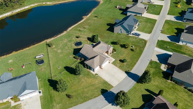 birds eye view of property with a water view and a residential view