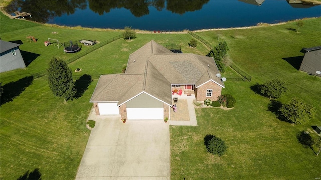 aerial view featuring a water view