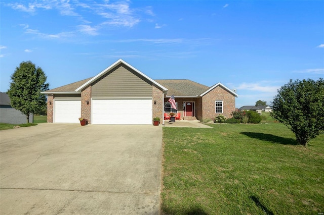 single story home with a front lawn, concrete driveway, brick siding, and an attached garage