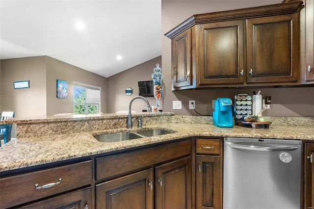 kitchen with dark brown cabinetry, vaulted ceiling, sink, kitchen peninsula, and stainless steel dishwasher