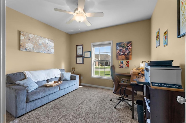 home office featuring carpet floors and ceiling fan