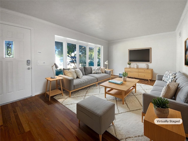 living room with ornamental molding and wood-type flooring