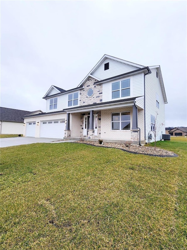 view of front facade with a porch, a front lawn, central AC unit, and a garage