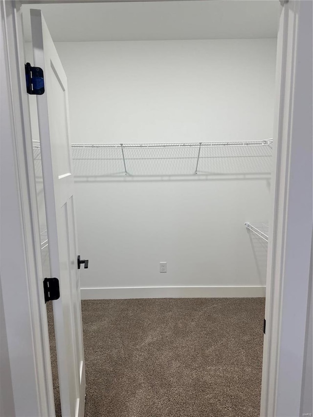 walk in closet featuring dark carpet