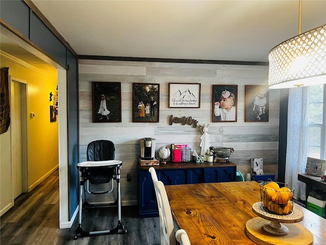 dining room with wooden walls and dark wood-type flooring