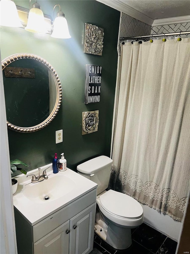 full bathroom with vanity, tile patterned floors, crown molding, toilet, and a textured ceiling