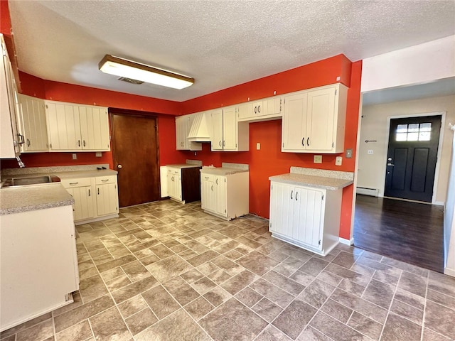 kitchen with custom range hood, a textured ceiling, a baseboard heating unit, and sink