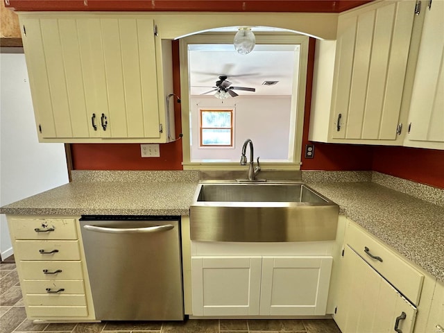 kitchen with dishwasher, ceiling fan, sink, and cream cabinets