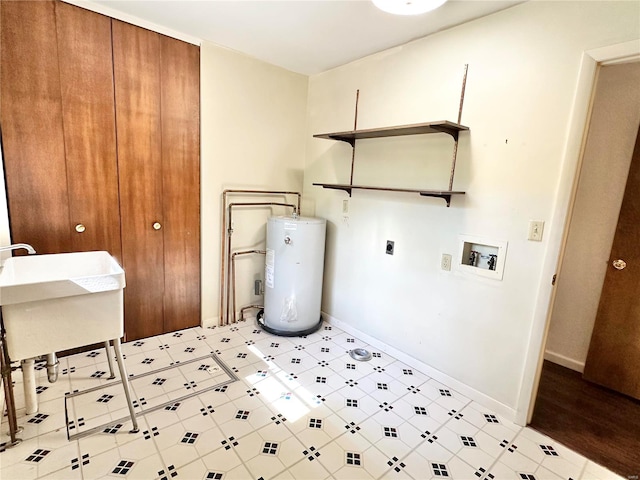 laundry area with washer hookup, electric dryer hookup, electric water heater, and sink