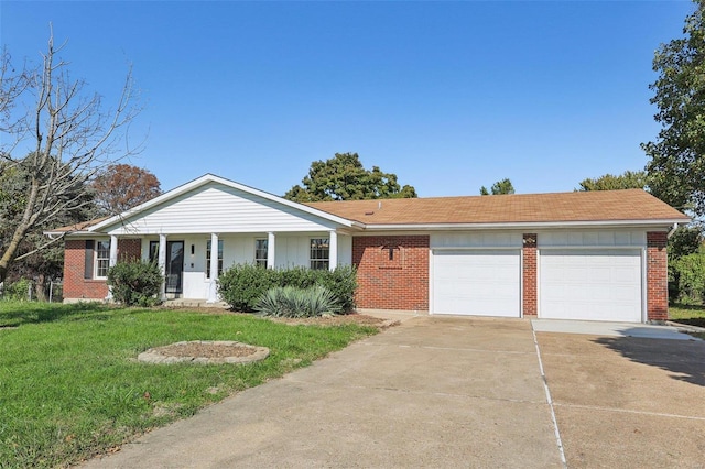 ranch-style house with a garage, a porch, and a front lawn