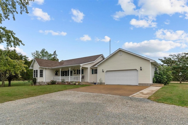 ranch-style house with a front lawn, a porch, and a garage