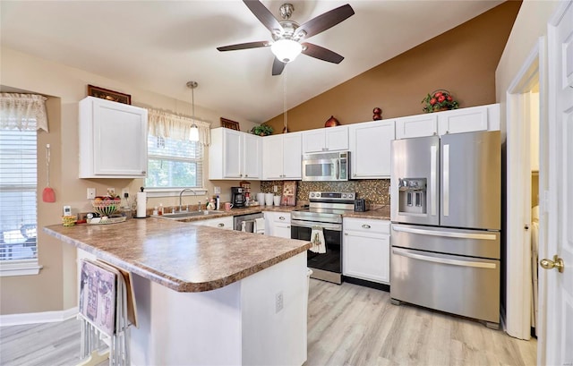 kitchen featuring sink, white cabinetry, kitchen peninsula, and stainless steel appliances