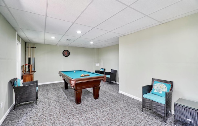 rec room with pool table, a drop ceiling, and carpet floors