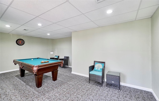 recreation room with a paneled ceiling, carpet, and billiards