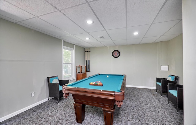 game room featuring carpet floors, billiards, and a paneled ceiling