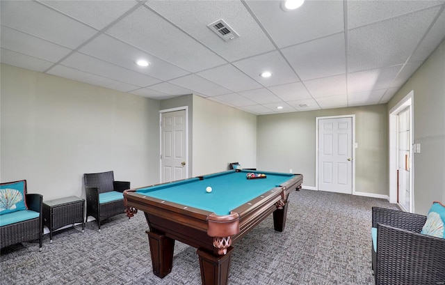 game room featuring carpet, a drop ceiling, and pool table