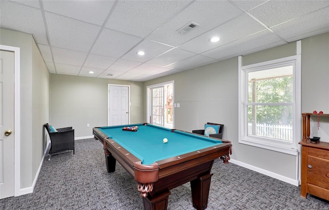 recreation room with dark carpet, a drop ceiling, pool table, and a healthy amount of sunlight