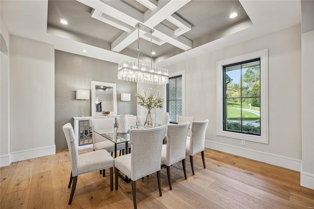 dining room featuring a notable chandelier, coffered ceiling, beamed ceiling, and light hardwood / wood-style flooring