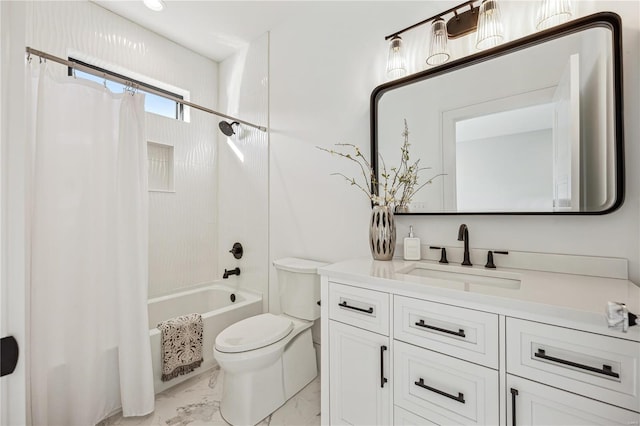 full bathroom featuring toilet, shower / bath combination with curtain, and vanity