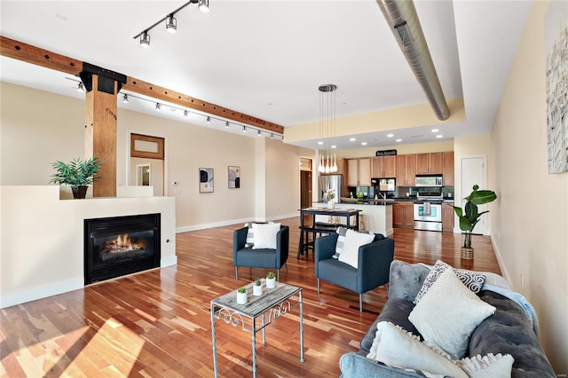 living room featuring a notable chandelier, light hardwood / wood-style flooring, and track lighting