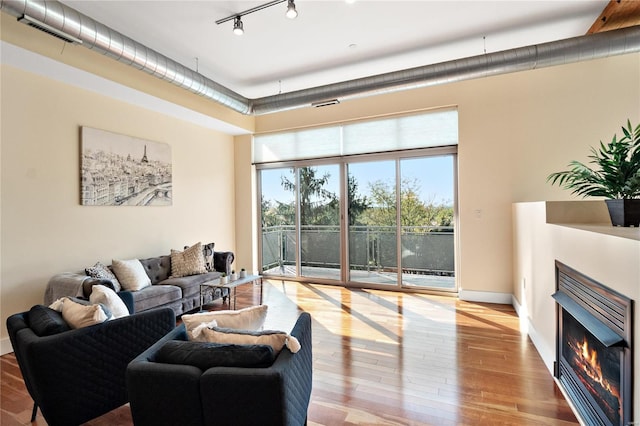 living room with track lighting and light hardwood / wood-style floors