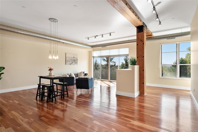 dining area with wood-type flooring and rail lighting