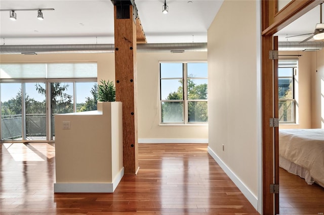 hall with rail lighting and hardwood / wood-style floors